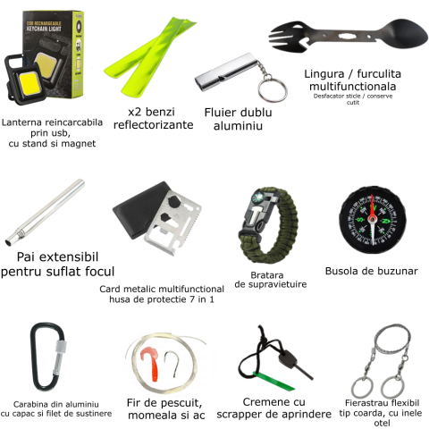 Kit supravietuire multifunctional outdoor 14 accesorii cutie etansa ABS 18x11x5 cm IP54 negru camping urgente [1]