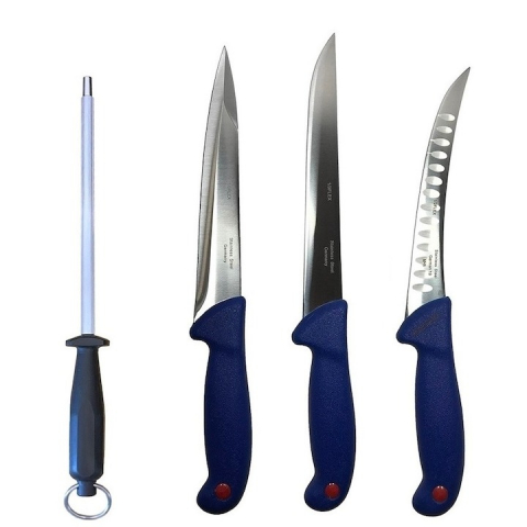 Cutite si tacamuri - Set profesional de macelarie, filetat, transat, injunghiat, dezosat, otel carbon, 3 cutite, masat pentru ascutit