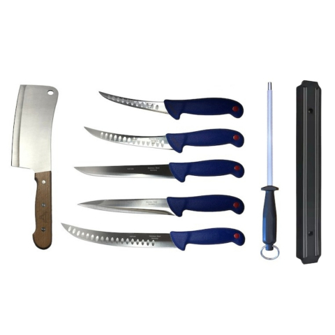 Cutite si tacamuri - Pachet profesional pentru macelarie, dezosat, injunghiat, transat, filetat, 5 cutite, suport magnetic, masat pentru ascutit, satar