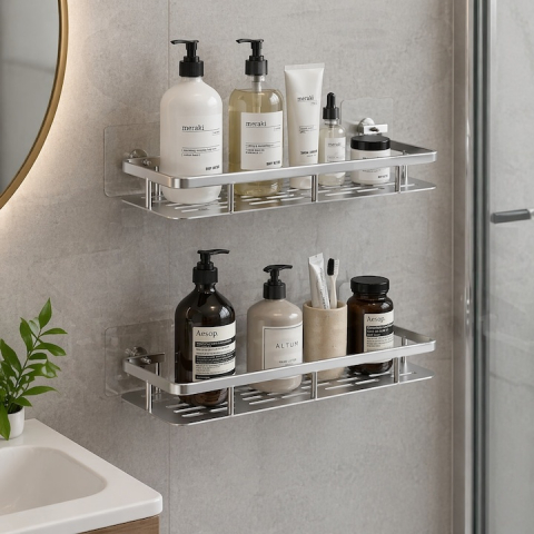 Set 2 rafturi autoadezive, pentru baie si bucatarie, design minimalist, otel inoxidabil, 30.5 x 13 x 5.5 cm, argintiu [3]