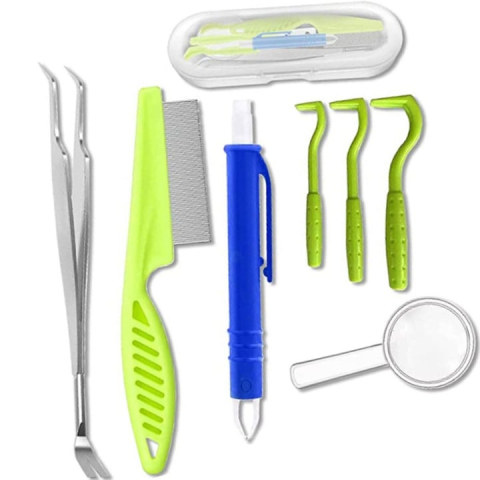 Accesorii animale - Kit pentru indepartarea capuselor, 7 piese, carlige, pensete, lupa, pieptene, carcasa depozitare