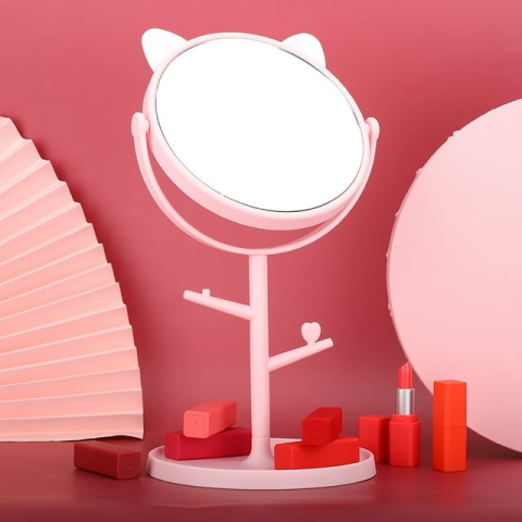 Oglinda cosmetica, model cu urechi, rotativa 360°, diametru 15 cm, plastic, suport pentru bijuterii, 30 x 16.5 cm, alb/roz [11]