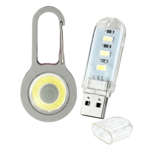 Iluminat LED - Kit iluminare USB si outdoor compact, mini lampa LED 3W 5V transparenta cu capac + lanterna carabiniera gri cu moduri multiple, lumina alba pentru utilizare zilnica