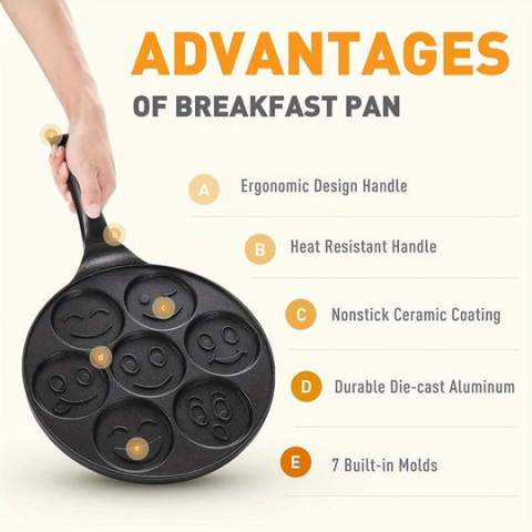 Tigaie pentru clatite, 7 forme cu fete amuzante, aluminiu/otel inoxidabil, diametru forma 6.5 cm, dimensiune tigaie 26 cm, negru [12]