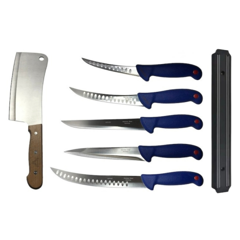 Cutite si tacamuri - Pachet profesional pentru macelarie, dezosat, injunghiat, transat, filetat, 5 cutite, suport magnetic, satar