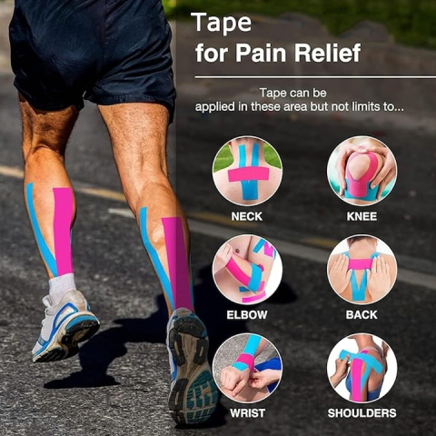 Set 4 benzi kinesiologice, bumbac, impermeabile, sustinere si protectie, ameliorarea durerii, pentru sportivi, elastice, respirabile, 5 m x 5 cm, multicolor [12]