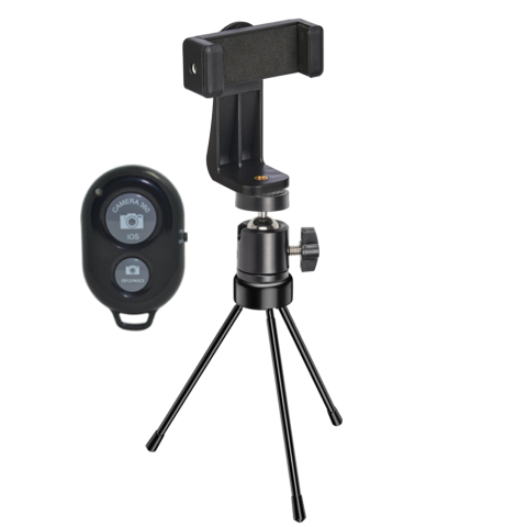 ECHIPAMENTE FOTO - Suport telefon universal cu mini trepied metalic 13.5 cm si cap rotativ reglabil, suport smartphone deschidere 8.2 cm, ABS si metal, baza anti-alunecare, telecomanda Bluetooth