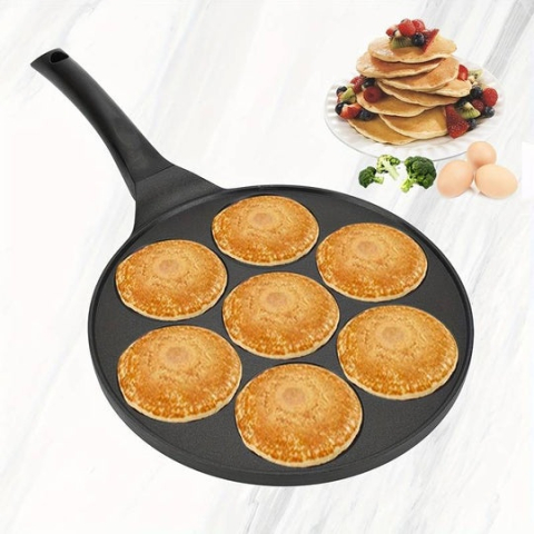 Tigaie pentru clatite, 7 forme cu fete amuzante, aluminiu/otel inoxidabil, diametru forma 6.5 cm, dimensiune tigaie 26 cm, negru [11]