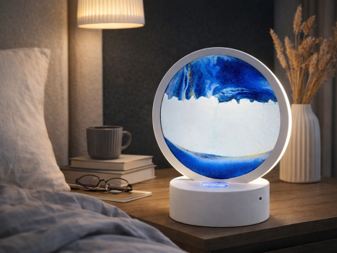 Lampa decorativa tip clepsidra cu efect 3D de nisip in miscare, LED, albastru, alimentare USB sau 3 baterii AA, baza alba, diametru 16 cm [13]