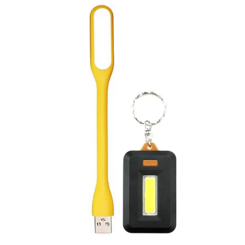 Set iluminare USB portabil, lampa flexibila 1.5W 5V 16.8 cm galben + lanterna breloc LED cu agatatoare, lumina alba, functionare baterii AAA
