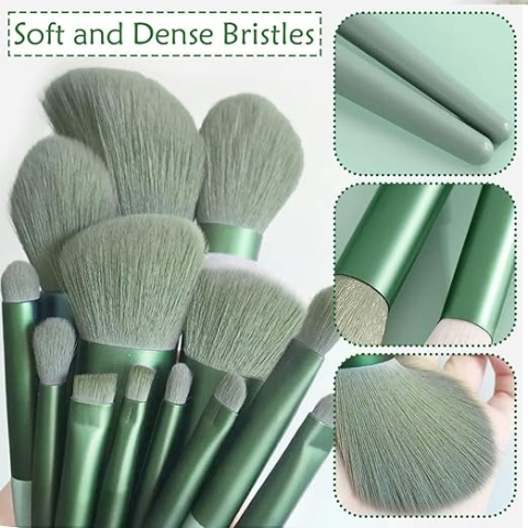 Set 13 pensule pentru machiaj, sintetice, maner plastic, soft, portabil, husa inclusa, verde [11]