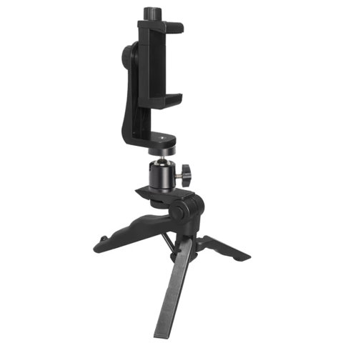 Mini trepiezi - Suport telefon 2 in 1 cu mini trepied si cap de bila flexibil, prindere prin surub 10 cm, montura 1/4 inch, ABS negru, pentru vlogging si filmare