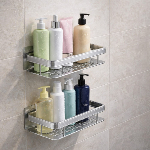 Set 2 rafturi autoadezive, pentru baie si bucatarie, design minimalist, otel inoxidabil, 30.5 x 13 x 5.5 cm, argintiu [12]