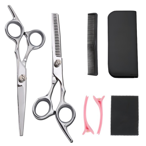 Ustensile îngrijire păr - Set 2 foarfece de tuns, din inox, 2 cleme de par, pieptan, negru, 21.5 x 8.5 x 3 cm, carcasa inclusa