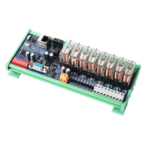 ELECTRONICE - Modul releu 8 canale Ethernet Input/Output, alimentare 24V DC; Port comunicatie RS485, RS232, Ethernet RJ45, protocol Modbus RTU/TCP, suport monare pe sina, ABS; multicolor, extensie pentru PLC.