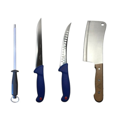 CASA & GRADINA - Set cutite profesionale de macelarie, filetat, transat, dezosat, 2 cutite, otel carbon, masat pentru ascutit, satar