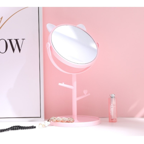 Oglinda cosmetica, model cu urechi, rotativa 360°, diametru 15 cm, plastic, suport pentru bijuterii, 30 x 16.5 cm, alb/roz [2]