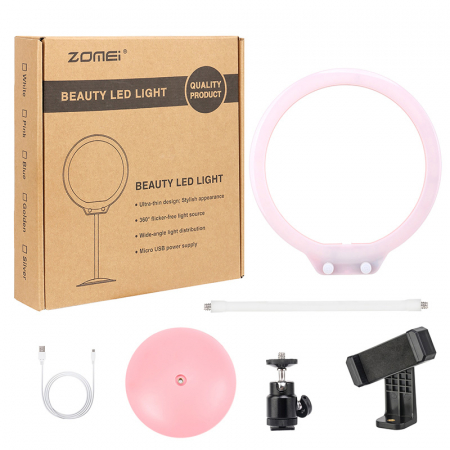 Ring Light - Lampa circulara LED, ZOMEI 26 cm diametru LED,cap rotativ 360 grade si suport telefon 360 grade - Roz
