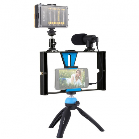Kit vlogging profesional,trepied,suport telefon,microfon,mini panou LED - Albastru [1]