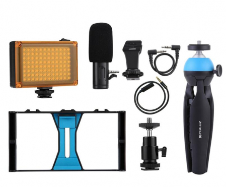 Kit vlogging profesional,trepied,suport telefon,microfon,mini panou LED - Albastru [2]