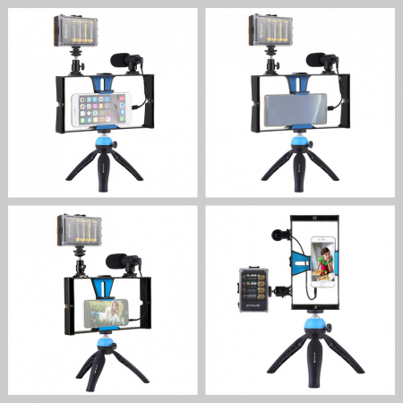 Kit vlogging profesional,trepied,suport telefon,microfon,mini panou LED - Albastru [4]