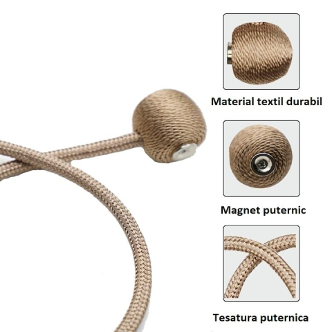 Accesoriu magnetic pentru perdele si draperii, snur textil impletit, 44 cm, bej antichizat [3]