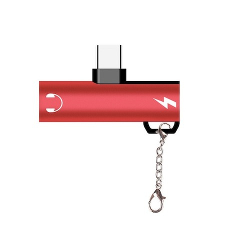 Diverse - Adaptor 2in1, 2x USB C - Jack 3.5 mm cu breloc de prindere - Rosu