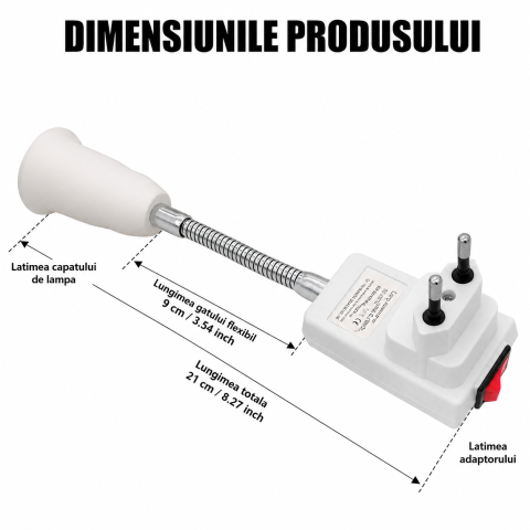Adaptor alb 21 cm pentru dulie E27, brat flexibil 9 cm rotativ 360°, stecher european si intrerupator Pornit/Oprit, suport bec pentru priza [6]