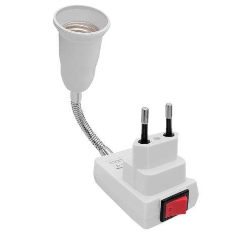 ELECTRONICE - Adaptor alb 21 cm pentru dulie E27, brat flexibil 9 cm rotativ 360°, stecher european si intrerupator Pornit/Oprit, suport bec pentru priza