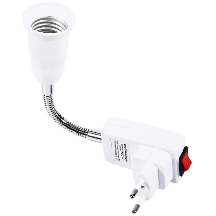 Adaptor alb 21 cm pentru dulie E27, brat flexibil 9 cm rotativ 360°, stecher european si intrerupator Pornit/Oprit, suport bec pentru priza [7]