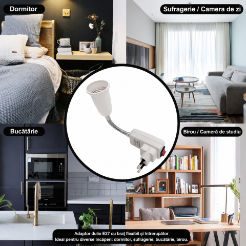 Adaptor alb 21 cm pentru dulie E27, brat flexibil 9 cm rotativ 360°, stecher european si intrerupator Pornit/Oprit, suport bec pentru priza [5]