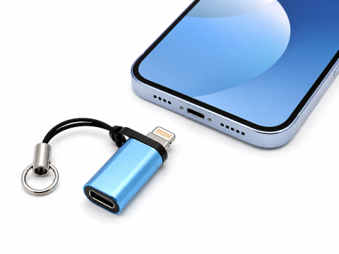 Adaptor albastru deschis Lightning la USB-C, convertor compact pentru conectare si incarcare, cu snur si inel tip breloc, pentru telefon, tableta si dispozitive compatibile [2]