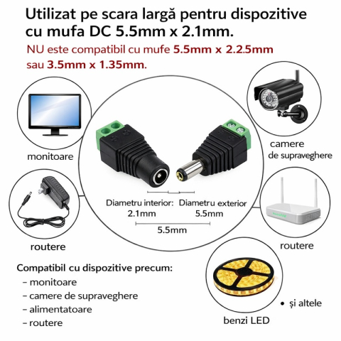 Adaptor alimentare CCTV DC 2.1/5.5 mm cu terminale cu surub, set 2 conectori mama si tata pentru camere supraveghere, DVR si alimentatoare 12V [4]