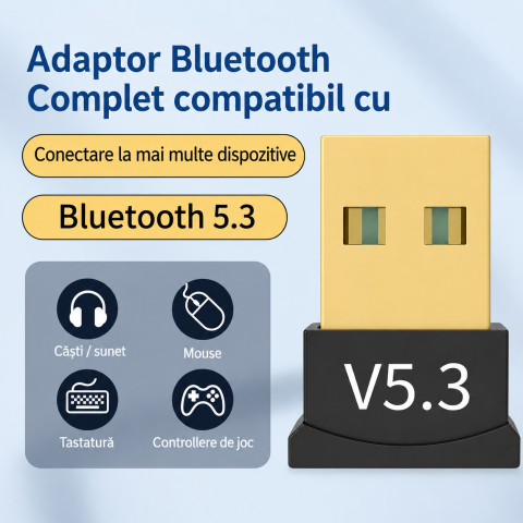 Adaptor Bluetooth negru USB 5.3, mini dongle wireless pentru PC si laptop, conectare casti, boxe, mouse, tastatura, controller si periferice compatibile [2]