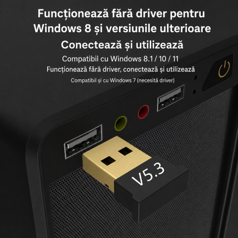 Adaptor Bluetooth negru USB 5.3, mini dongle wireless pentru PC si laptop, conectare casti, boxe, mouse, tastatura, controller si periferice compatibile [4]