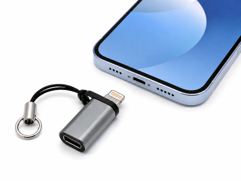 Adaptor gri Lightning la USB-C, convertor compact cu carcasa metalica, snur si inel tip breloc, pentru conectarea dispozitivelor si accesoriilor compatibile [3]