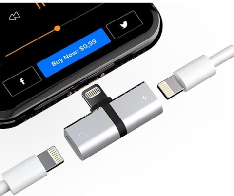 Adaptor Lightning 2 in 1, argintiu, pentru incarcare si casti audio, conector dual pentru telefon, utilizare simultana, design compact [3]