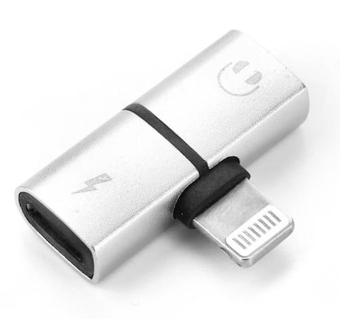 ELECTRONICE - Adaptor Lightning 2 in 1, argintiu, pentru incarcare si casti audio, conector dual pentru telefon, utilizare simultana, design compact