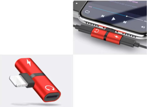 Adaptor Lightning 2 in 1, rosu, splitter pentru incarcare si casti audio, conector dual compact pentru telefon, utilizare simultana audio si alimentare [2]