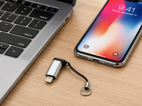 Adaptor Lightning argintiu cu negru, USB-C mama la Lightning tata, convertor Type-C compact cu breloc pentru dispozitive compatibile [2]