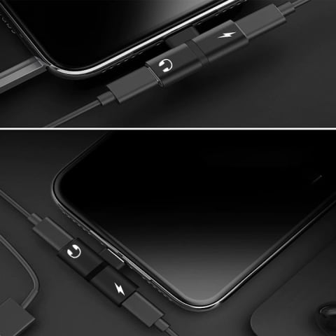 Adaptor Lightning cu 2 intrari pentru iPhone, incarcare + audio simultan, compatibil modele 7–X, compact si rezistent, negru [9]