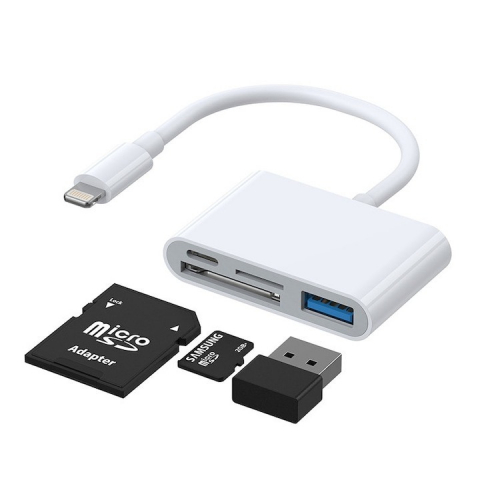 Diverse - Adaptor multifunctional 4 in 1, cititor de carduri, compatibil iphone, USB, - Alb