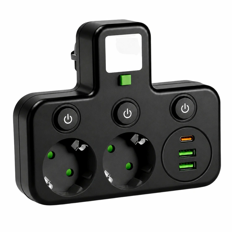 Surse de alimentare - Adaptor priza negru 14.5 x 12 x 3.5 cm, 2 prize 230V, 2 USB-A, 1 USB-C, lumina LED 5600K
