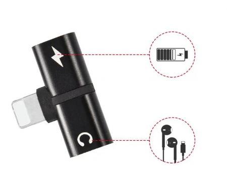 Adaptor splitter 2in1, 2x USB Iphone - Jack 3.5 mm - Negru [2]