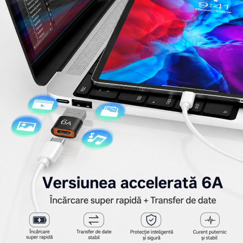 Adaptor USB-A negru 6A la USB-C mama, convertor compact pentru incarcare rapida, transfer date si conectare casti, telefon, tableta, laptop si accesorii USB-C [5]