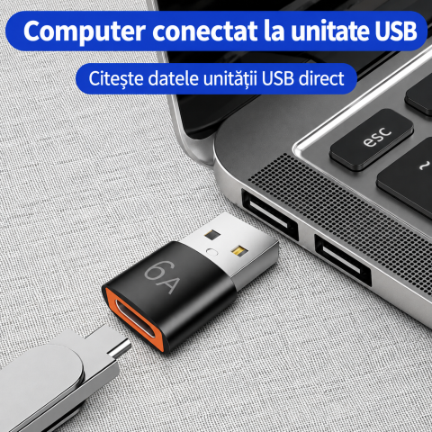 Adaptor USB-A negru 6A la USB-C mama, convertor compact pentru incarcare rapida, transfer date si conectare casti, telefon, tableta, laptop si accesorii USB-C [2]