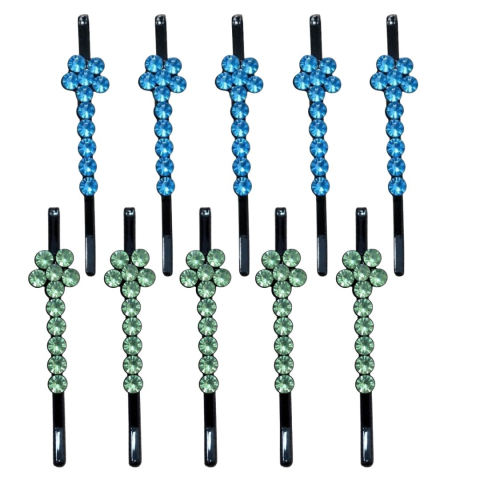 CASA & GRADINA - Agrafe decorative albastru si verde deschis 5 x 1 cm cu pietre artificiale, set 10, 5 albastru si 5 verde deschis, model floral pentru coc, suvite si impletituri
