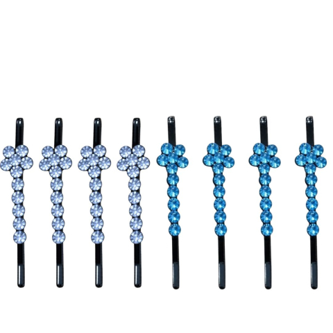 CASA & GRADINA - Agrafe par albastru si bleu 5 x 1 cm cu pietre artificiale, set 8, 4 albastru si 4 bleu, model floral pentru coc, suvite, impletituri si coafuri decorative