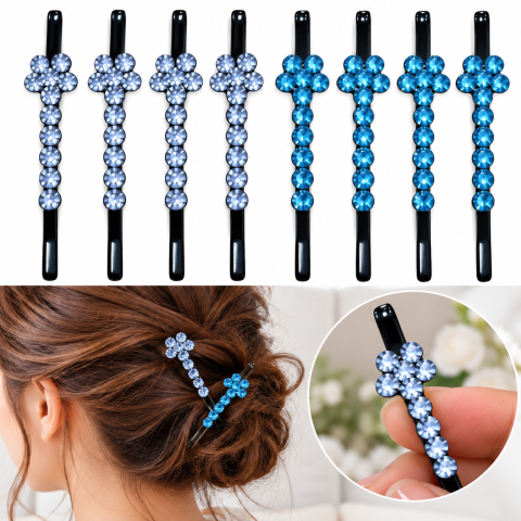 Agrafe par albastru si bleu 5 x 1 cm cu pietre artificiale, set 8, 4 albastru si 4 bleu, model floral pentru coc, suvite, impletituri si coafuri decorative [1]