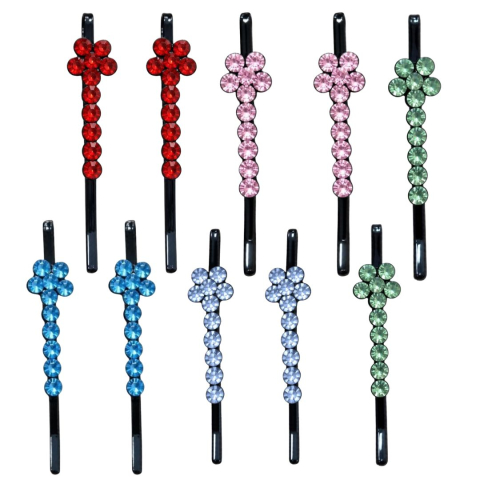 CASA & GRADINA - Agrafe par roz, albastru, rosu, bleu si verde deschis 5 x 1 cm, set 10, cate 2 din fiecare culoare, cu pietre artificiale si model floral pentru coafuri